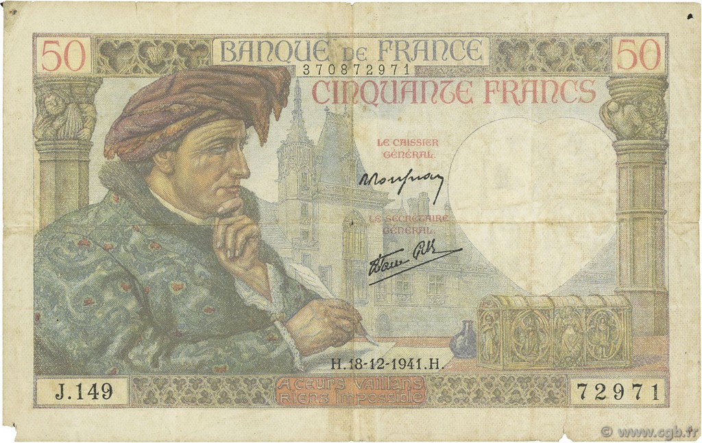50 Francs JACQUES CŒUR FRANCE  1941 F.19.17 B+