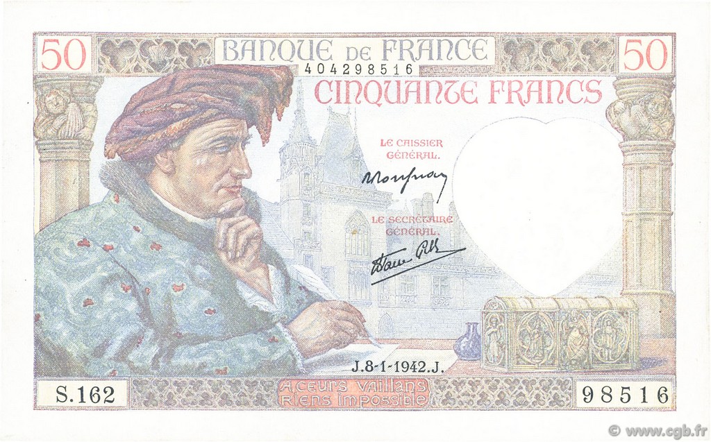 50 Francs JACQUES CŒUR FRANCE  1942 F.19.18 TTB