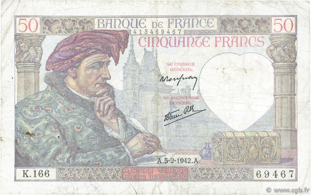 50 Francs JACQUES CŒUR FRANKREICH  1942 F.19.19 fS