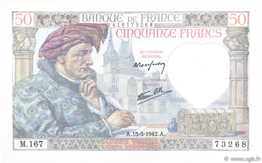 50 Francs JACQUES CŒUR FRANCE  1942 F.19.20 SUP