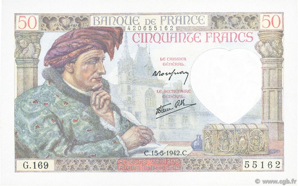 50 Francs JACQUES CŒUR FRANCE  1942 F.19.20 pr.NEUF