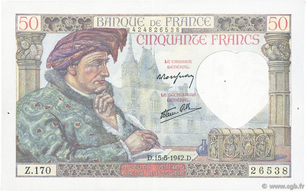 50 Francs JACQUES CŒUR FRANCE  1942 F.19.20 TTB+