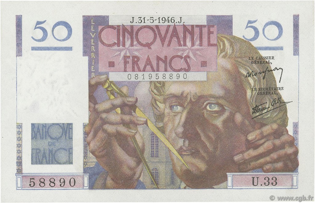 50 Francs LE VERRIER FRANCE  1946 F.20.05 SPL+