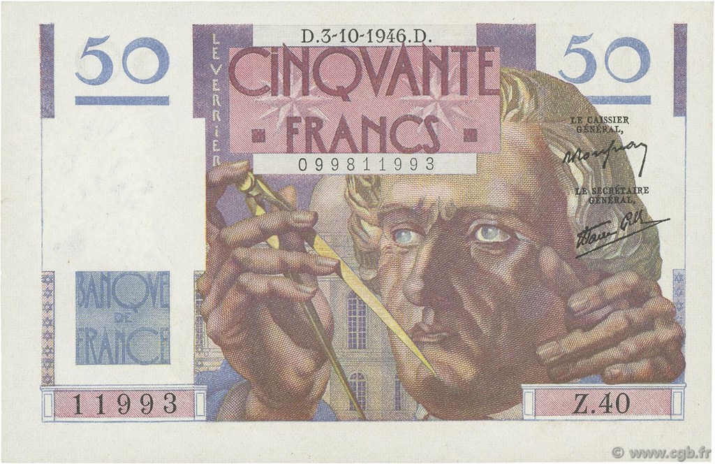 50 Francs LE VERRIER FRANCE  1946 F.20.06 pr.SPL