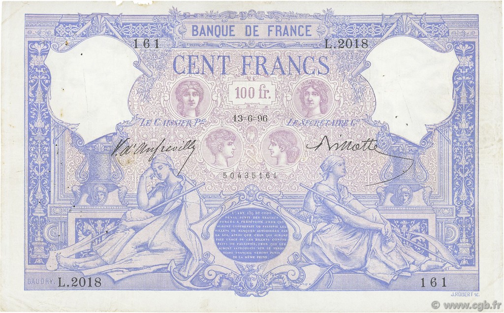 100 Francs BLEU ET ROSE FRANCE  1896 F.21.09 TB+