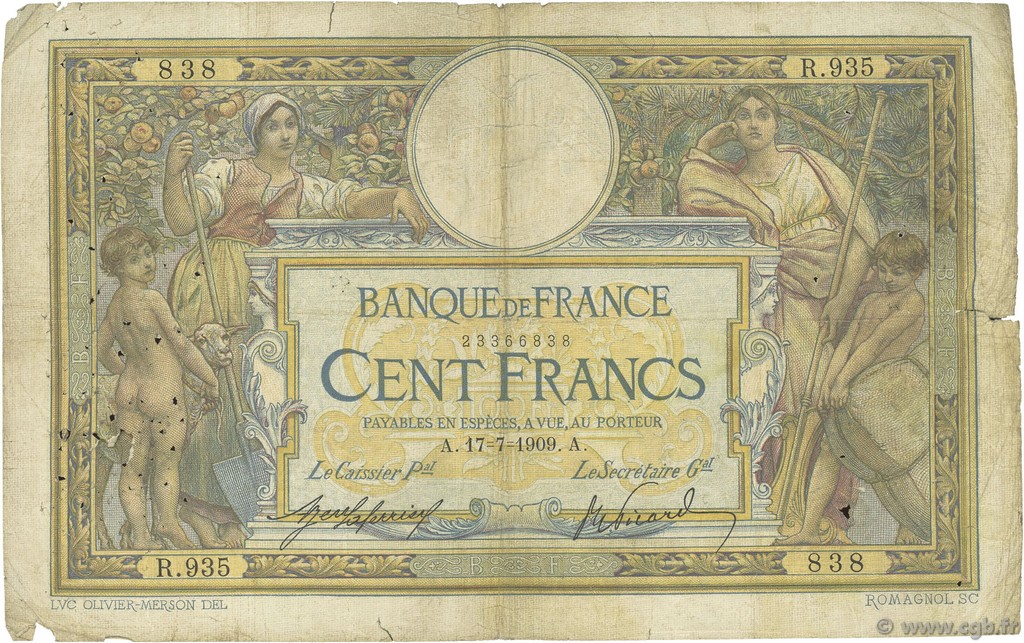 100 Francs LUC OLIVIER MERSON sans LOM FRANCE  1909 F.23.01 AB