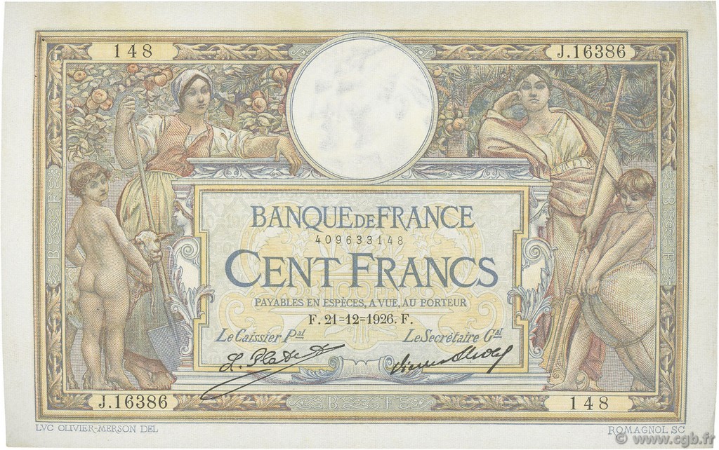 100 Francs LUC OLIVIER MERSON grands cartouches FRANCE  1926 F.24.05 pr.SUP