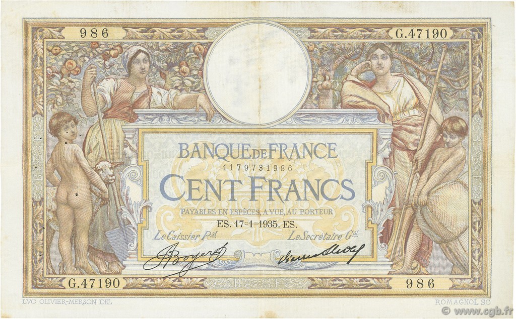 100 Francs LUC OLIVIER MERSON grands cartouches FRANCE  1935 F.24.14 TTB