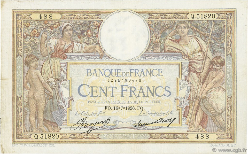 100 Francs LUC OLIVIER MERSON grands cartouches FRANCE  1936 F.24.15 TTB