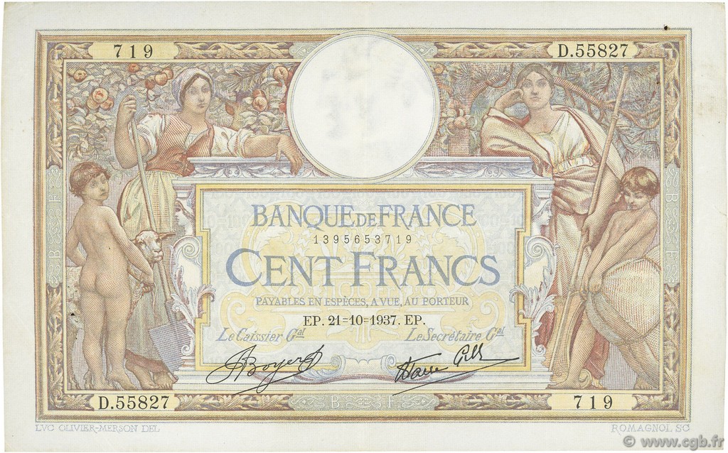 100 Francs LUC OLIVIER MERSON type modifié FRANCE  1937 F.25.03 TTB+