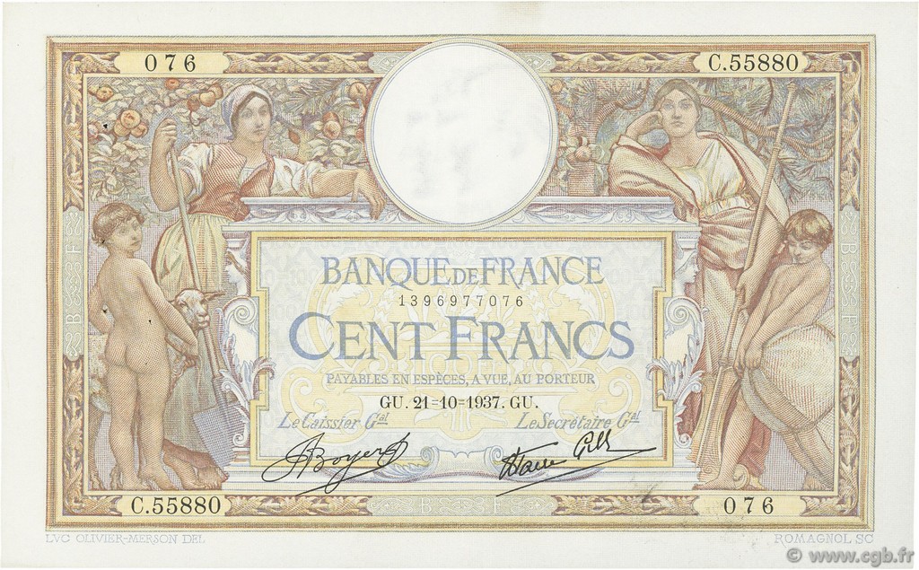 100 Francs LUC OLIVIER MERSON type modifié FRANCE  1937 F.25.03 TTB+