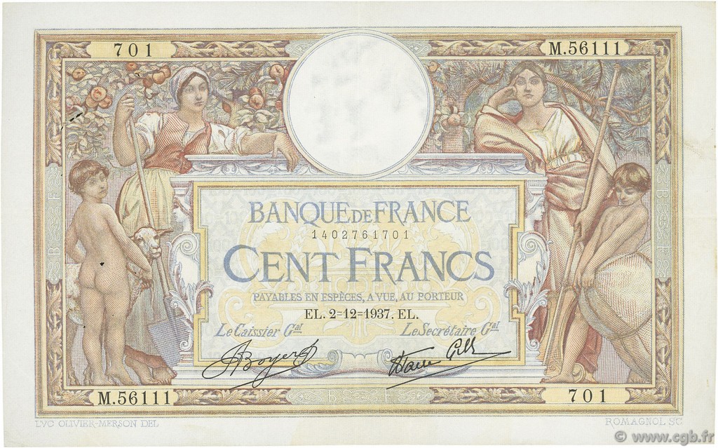 100 Francs LUC OLIVIER MERSON type modifié FRANCE  1937 F.25.04 VF