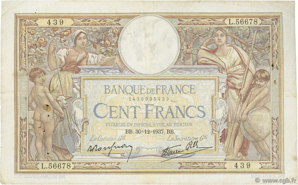 100 Francs LUC OLIVIER MERSON type modifié FRANCE  1937 F.25.07 TB