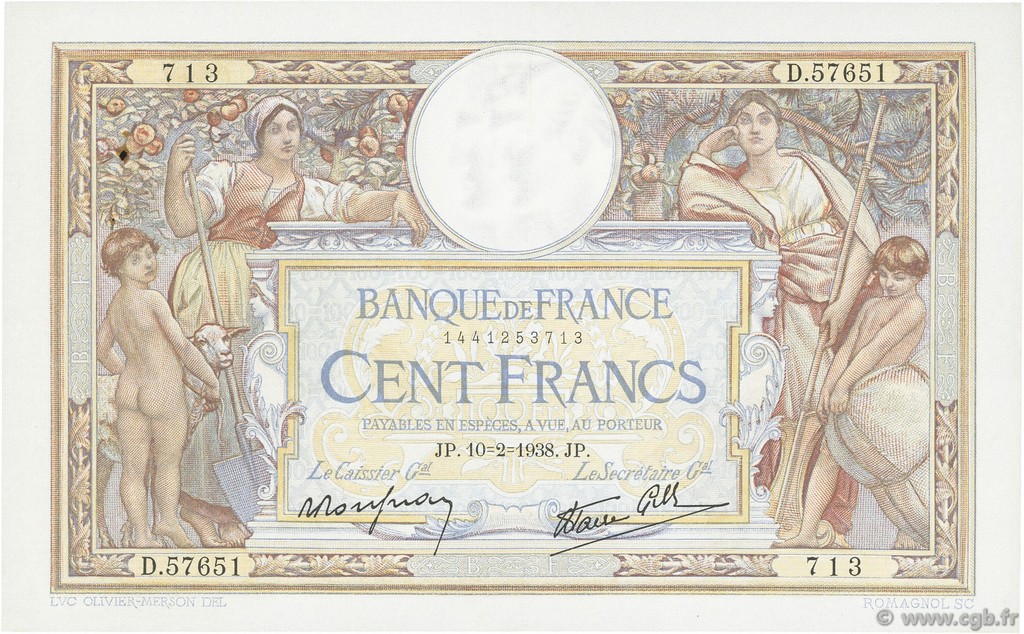 100 Francs LUC OLIVIER MERSON type modifié FRANCE  1938 F.25.10 pr.SUP