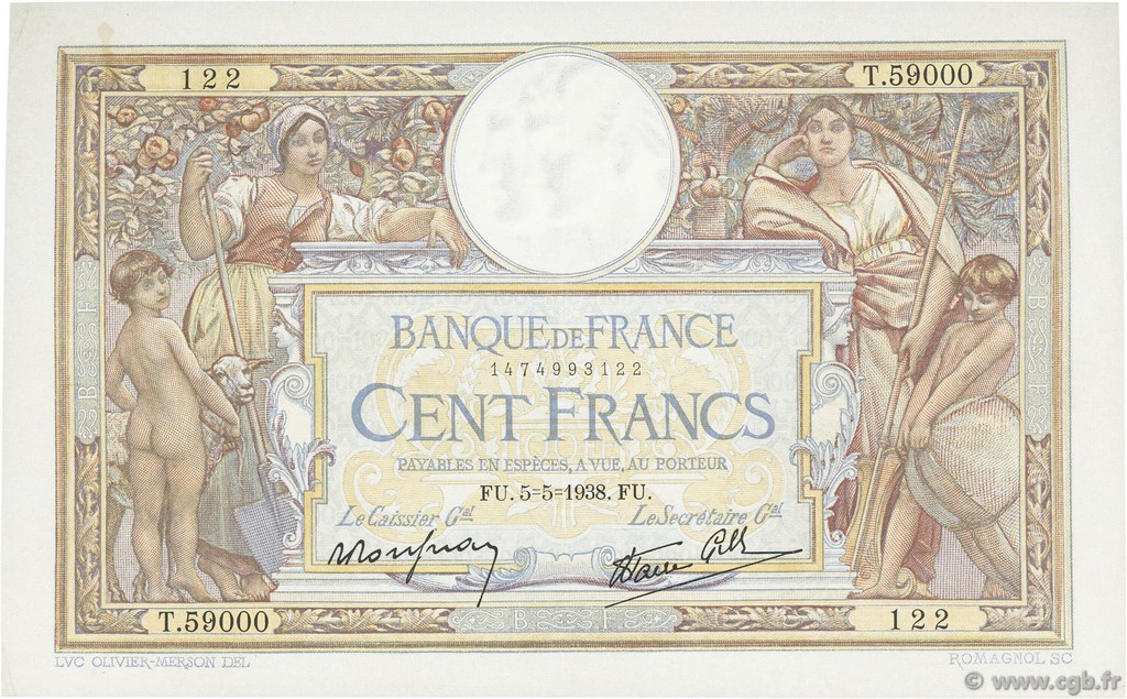 100 Francs LUC OLIVIER MERSON type modifié FRANCE  1938 F.25.17 XF