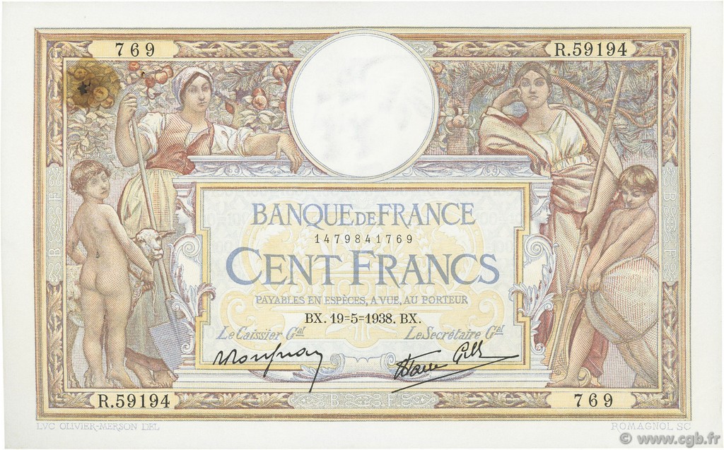 100 Francs LUC OLIVIER MERSON type modifié FRANCE  1938 F.25.19 TTB+