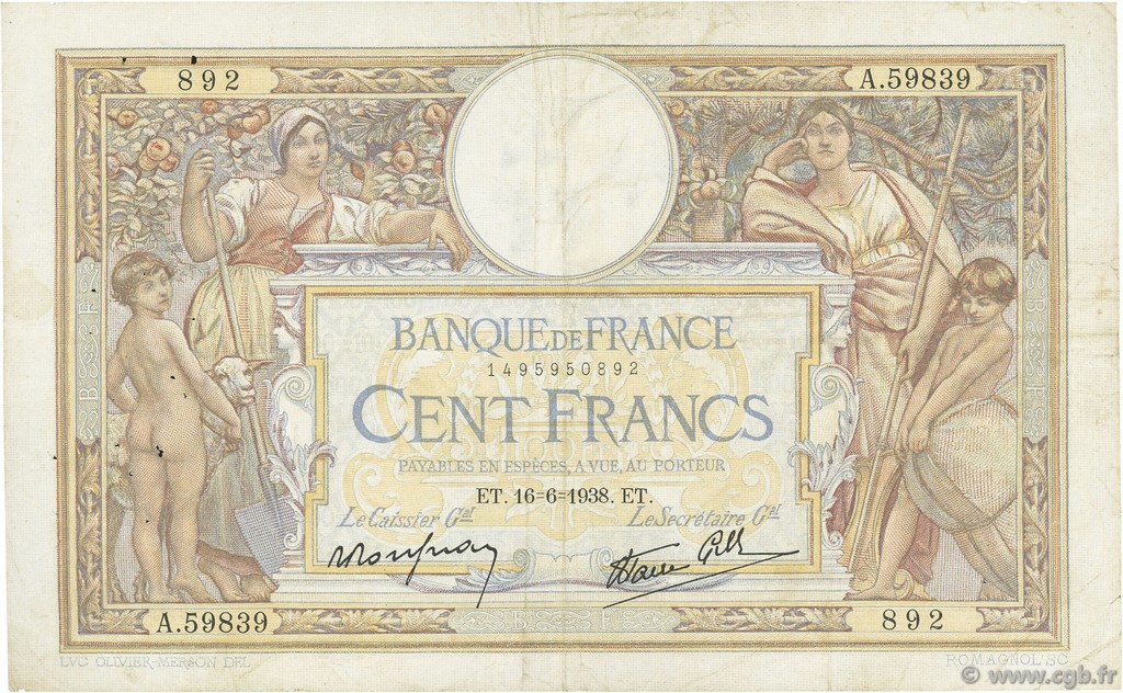 100 Francs LUC OLIVIER MERSON type modifié FRANCE  1938 F.25.23 TB