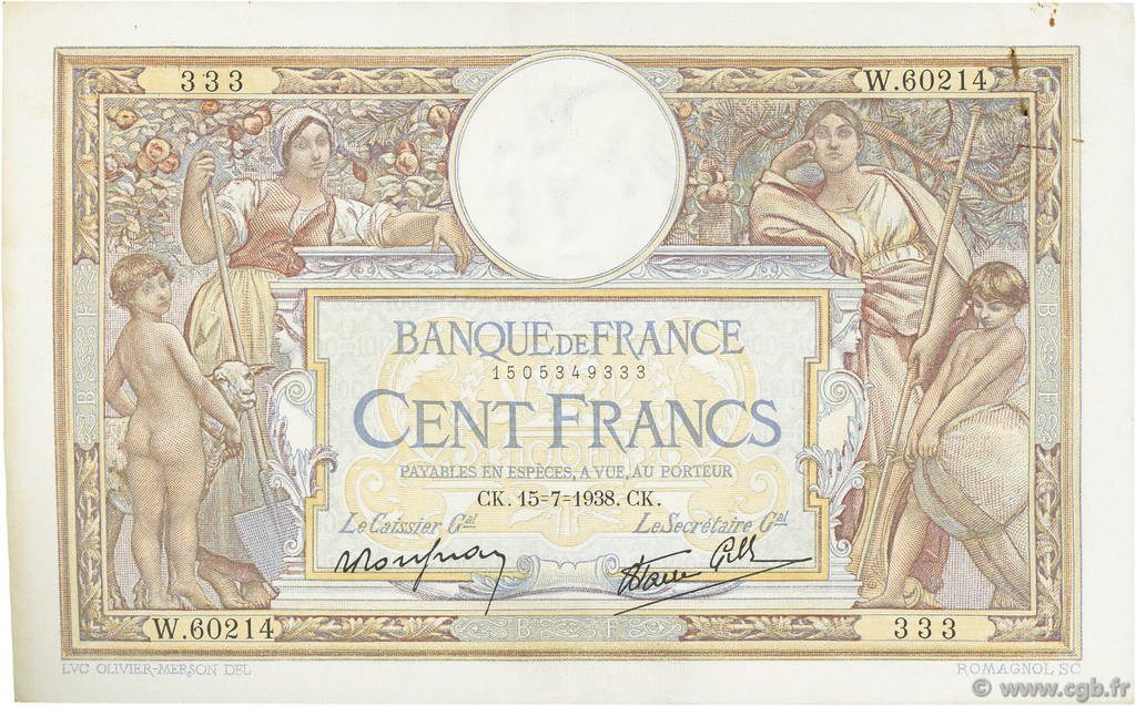 100 Francs LUC OLIVIER MERSON type modifié FRANCE  1938 F.25.26 pr.SUP