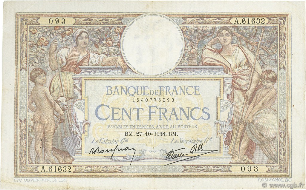 100 Francs LUC OLIVIER MERSON type modifié FRANCE  1938 F.25.33 TTB