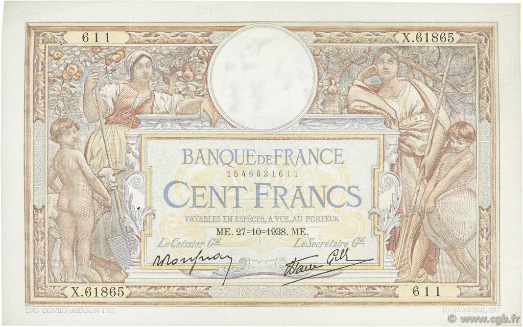 100 Francs LUC OLIVIER MERSON type modifié FRANCE  1938 F.25.33 pr.SUP