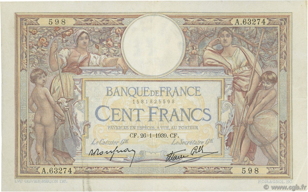 100 Francs LUC OLIVIER MERSON type modifié FRANCIA  1939 F.25.40 MBC+
