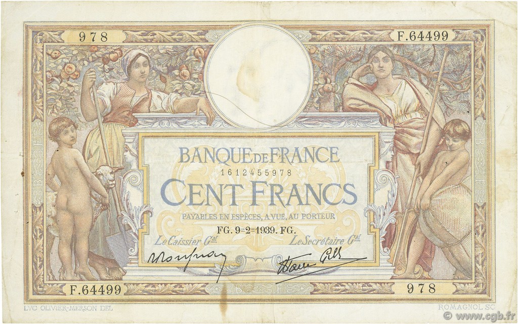 100 Francs LUC OLIVIER MERSON type modifié FRANCE  1939 F.25.42 pr.TTB