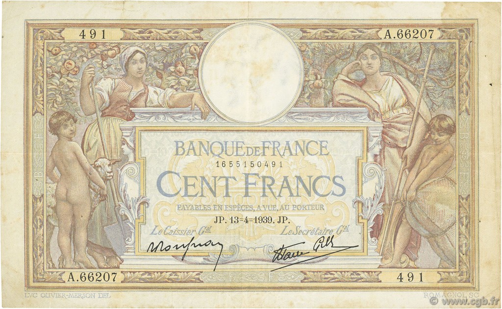 100 Francs LUC OLIVIER MERSON type modifié FRANCE  1939 F.25.46 TB+