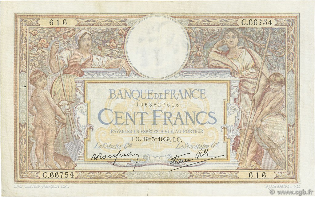 100 Francs LUC OLIVIER MERSON type modifié FRANCE  1939 F.25.47 TTB