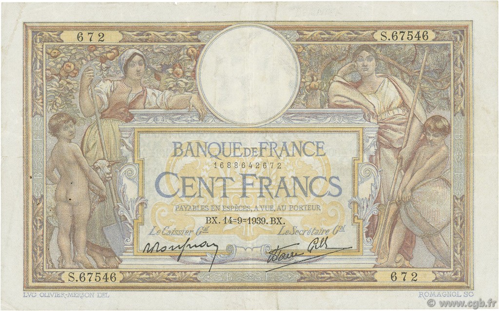 100 Francs LUC OLIVIER MERSON type modifié FRANCE  1939 F.25.49 TTB