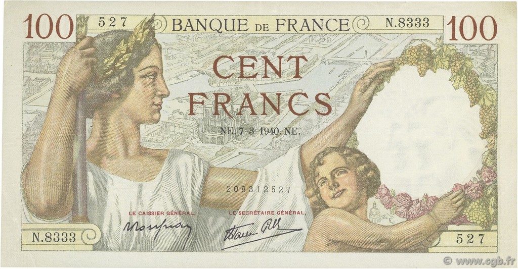 100 Francs SULLY FRANCE  1940 F.26.24 VF+