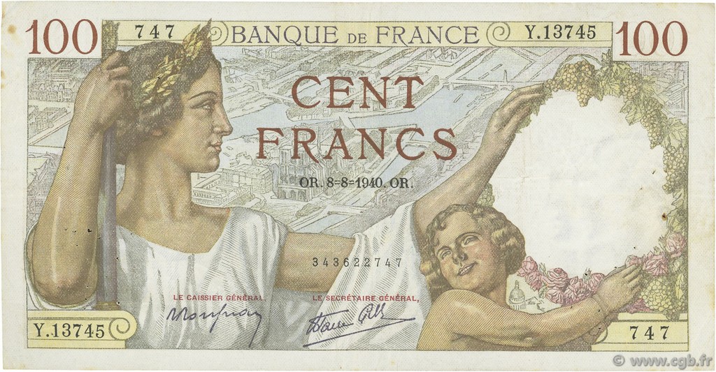 100 Francs SULLY FRANCE  1940 F.26.35 TTB