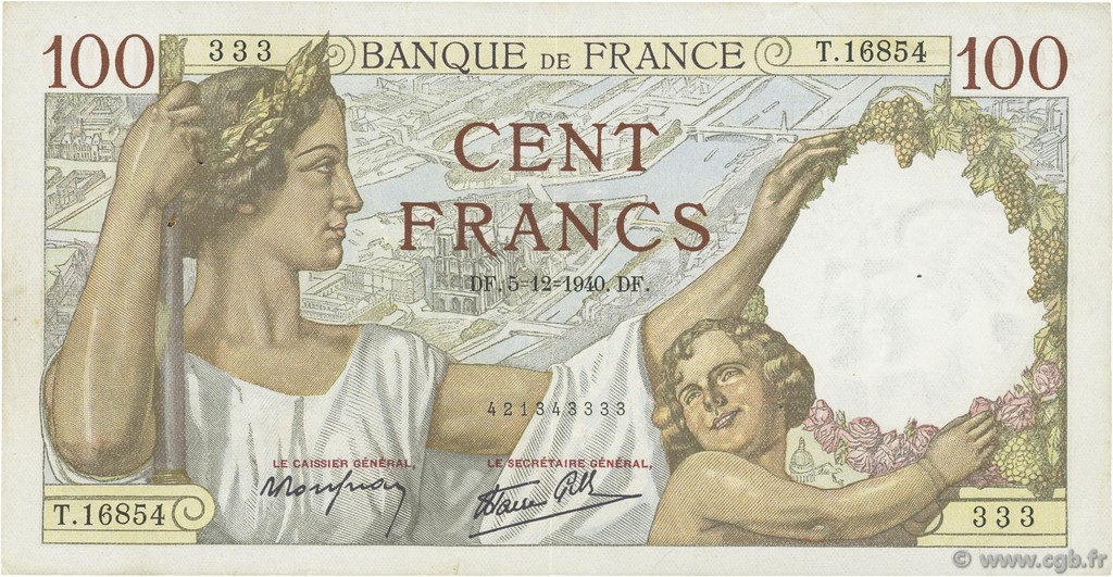 100 Francs SULLY FRANCE  1940 F.26.42 TTB