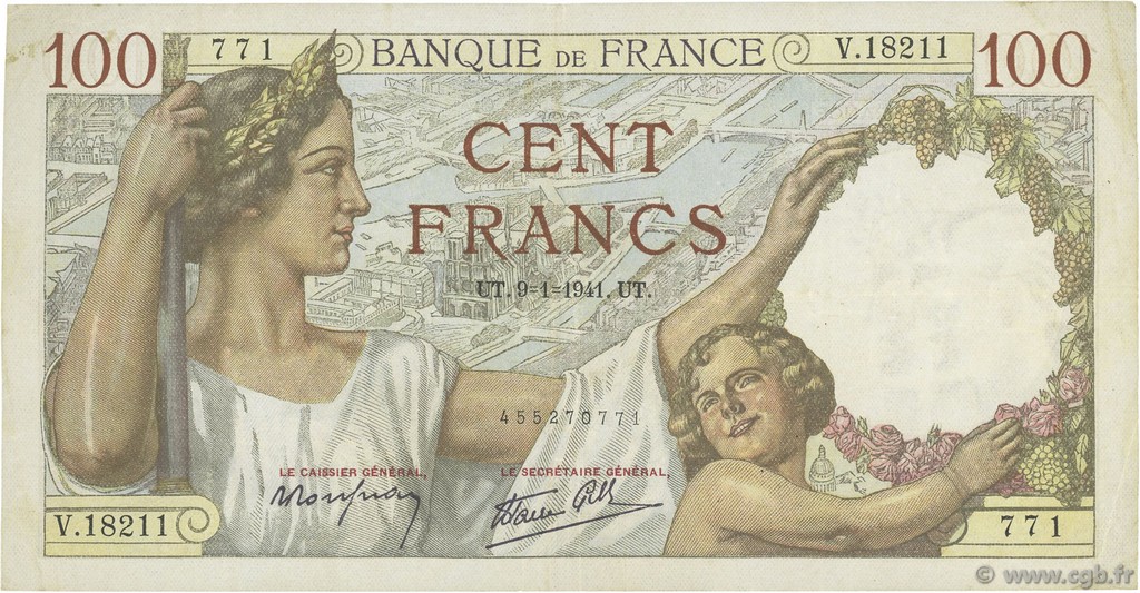 100 Francs SULLY FRANCE  1941 F.26.44 TTB