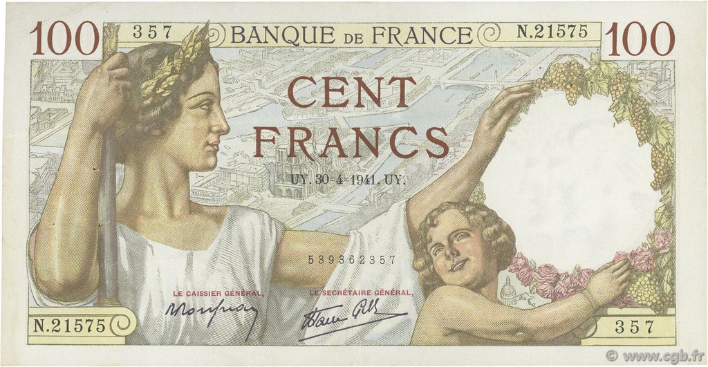 100 Francs SULLY FRANCE  1941 F.26.51 TTB+