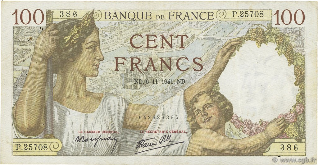 100 Francs SULLY FRANCE  1941 F.26.60 TTB