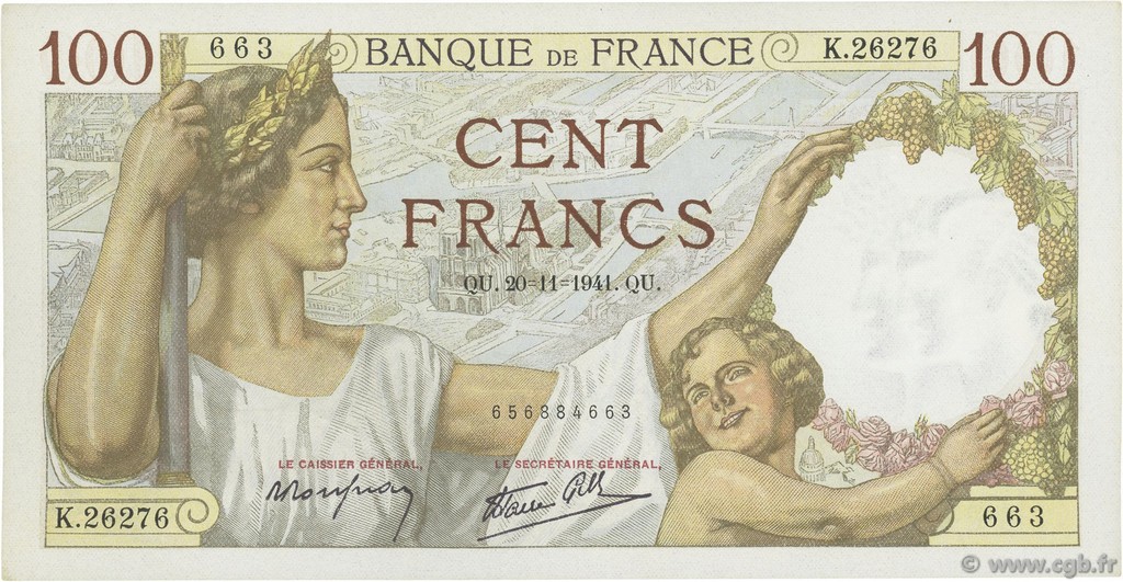 100 Francs SULLY FRANCE  1941 F.26.61 AU-