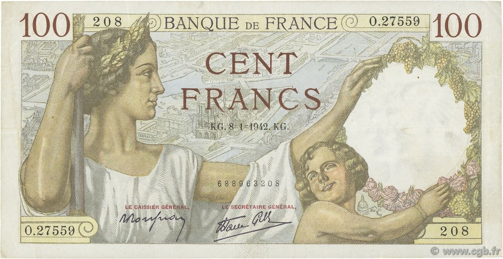 100 Francs SULLY FRANCE  1942 F.26.64 TTB