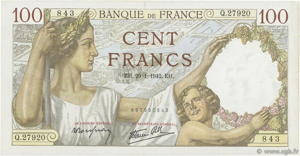 100 Francs SULLY FRANCE  1942 F.26.65 SUP