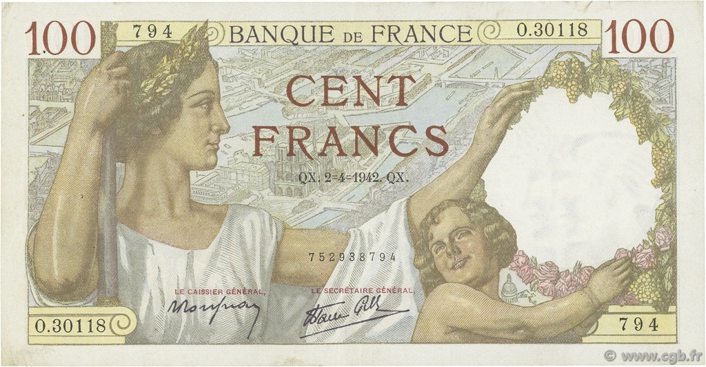 100 Francs SULLY FRANCE  1942 F.26.69 TTB+