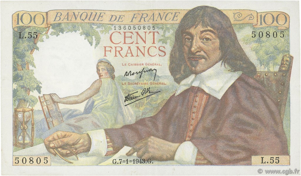 100 Francs DESCARTES FRANCE  1943 F.27.03 TTB+