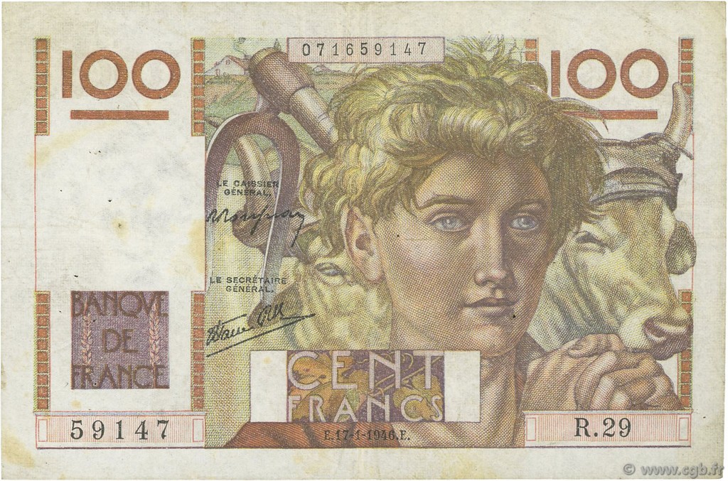 100 Francs JEUNE PAYSAN FRANCE  1946 F.28.02 TB+