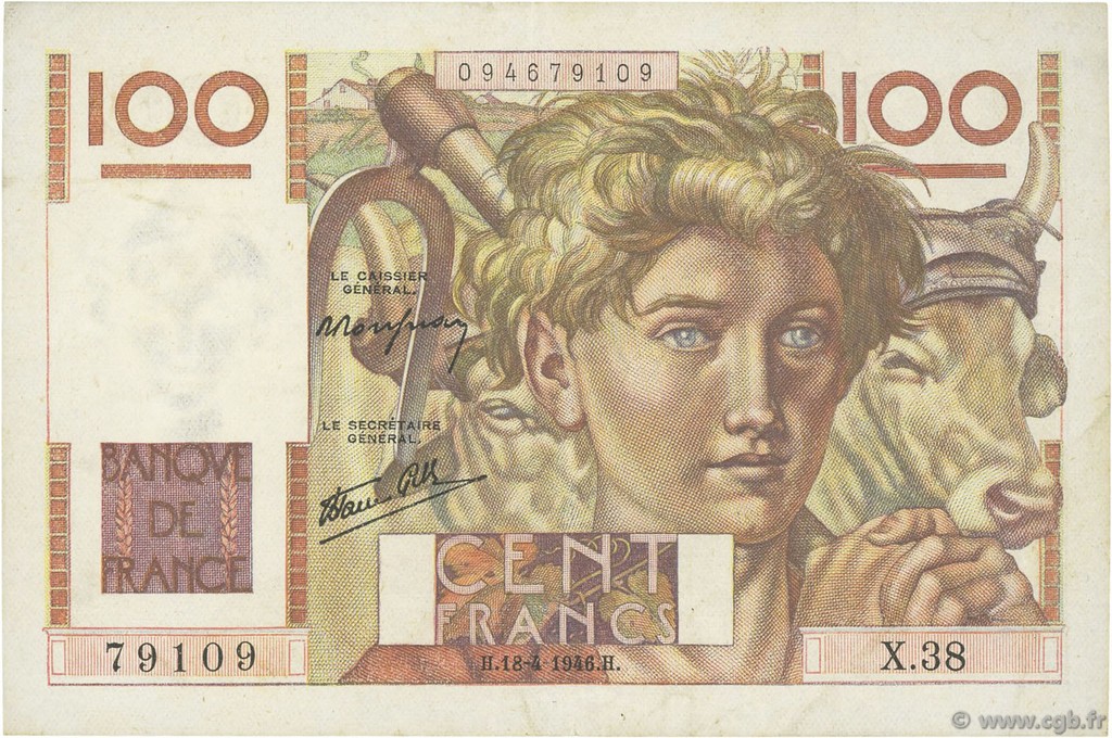 100 Francs JEUNE PAYSAN FRANCE  1946 F.28.03 TTB+