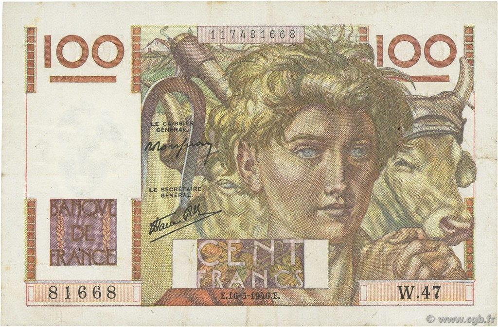 100 Francs JEUNE PAYSAN FRANCE  1946 F.28.04 TTB