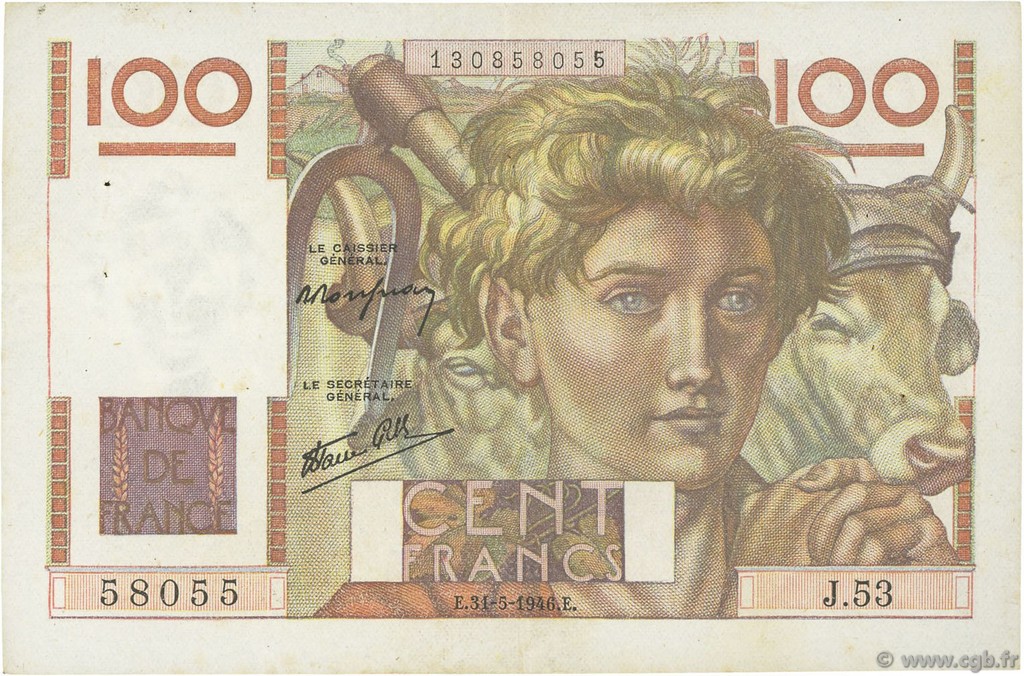100 Francs JEUNE PAYSAN FRANCE  1946 F.28.05 TTB+
