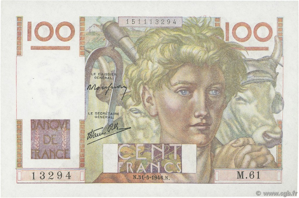 100 Francs JEUNE PAYSAN FRANCE  1946 F.28.05 SUP+