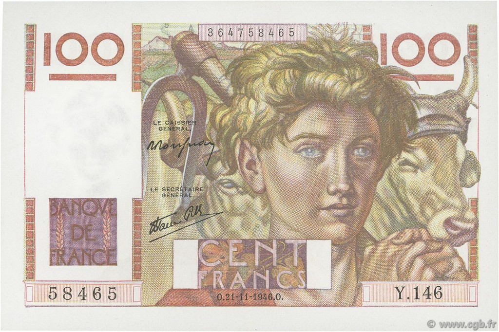 100 Francs JEUNE PAYSAN FRANKREICH  1946 F.28.11 fST