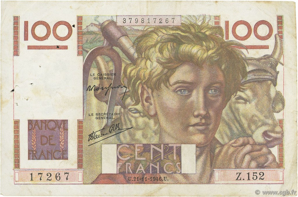 100 Francs JEUNE PAYSAN FRANCE  1946 F.28.11 TTB