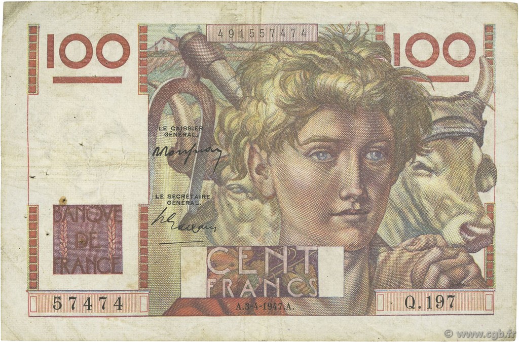 100 Francs JEUNE PAYSAN FRANCE  1947 F.28.14 TB