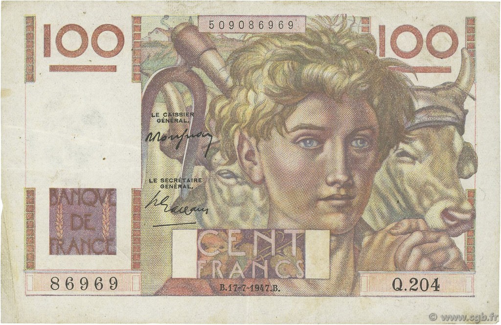 100 Francs JEUNE PAYSAN FRANCE  1947 F.28.15 TB+