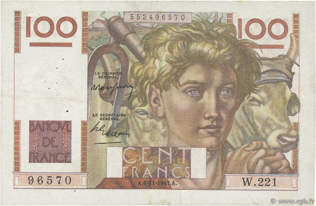 100 Francs JEUNE PAYSAN FRANCE  1947 F.28.16 TTB